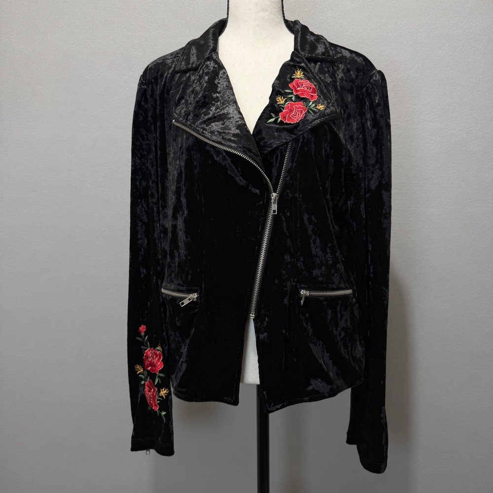 Disney Coco XL Jacket Black Velvet Moto Asymmetric Embroidered Roses Goth Witchy